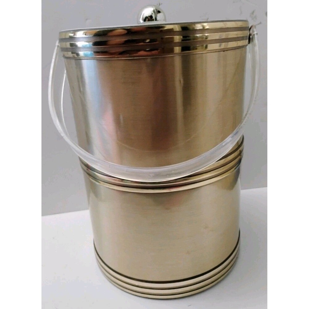 Vintage Georges Briard Signed Gold Ice Bucket 11" Lucite Handle Mid Century MCM